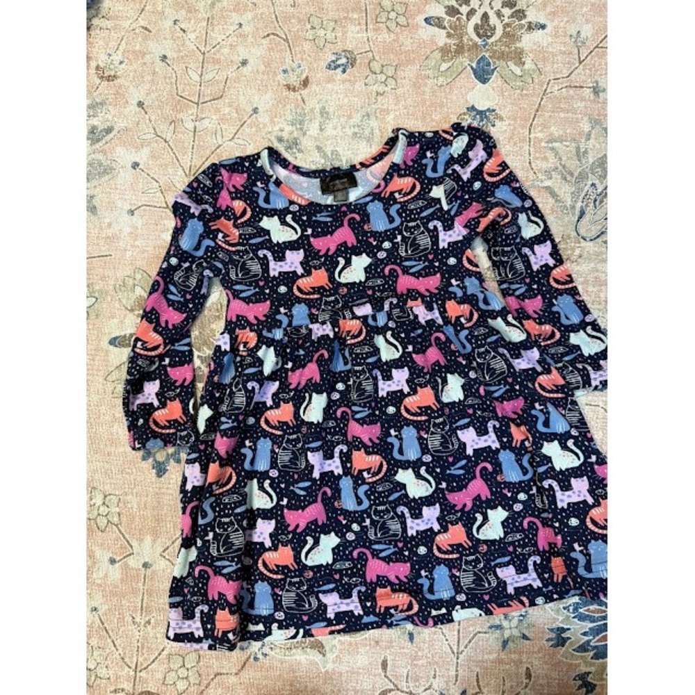 Cat Print Whimsical Picapino Long Sleeve Dress 2T Navy Blue Feline Playwear